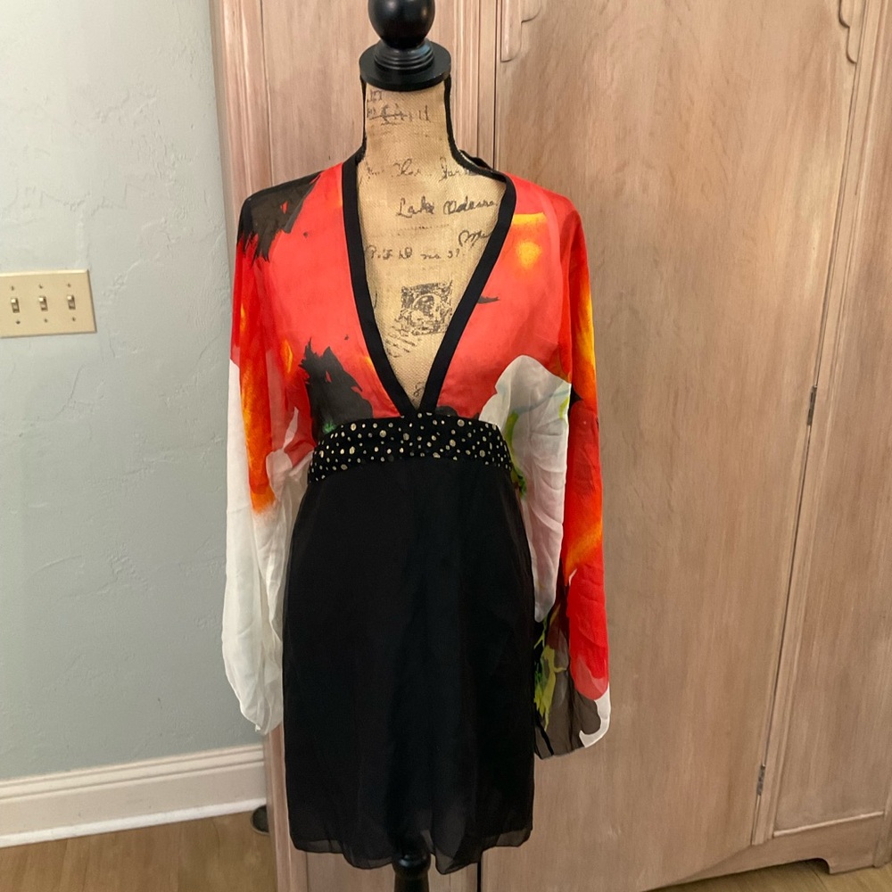 Venus 100% Silk artsy black red Floral Kimono Sleeve Dress size 12 - Picture 15 of 16